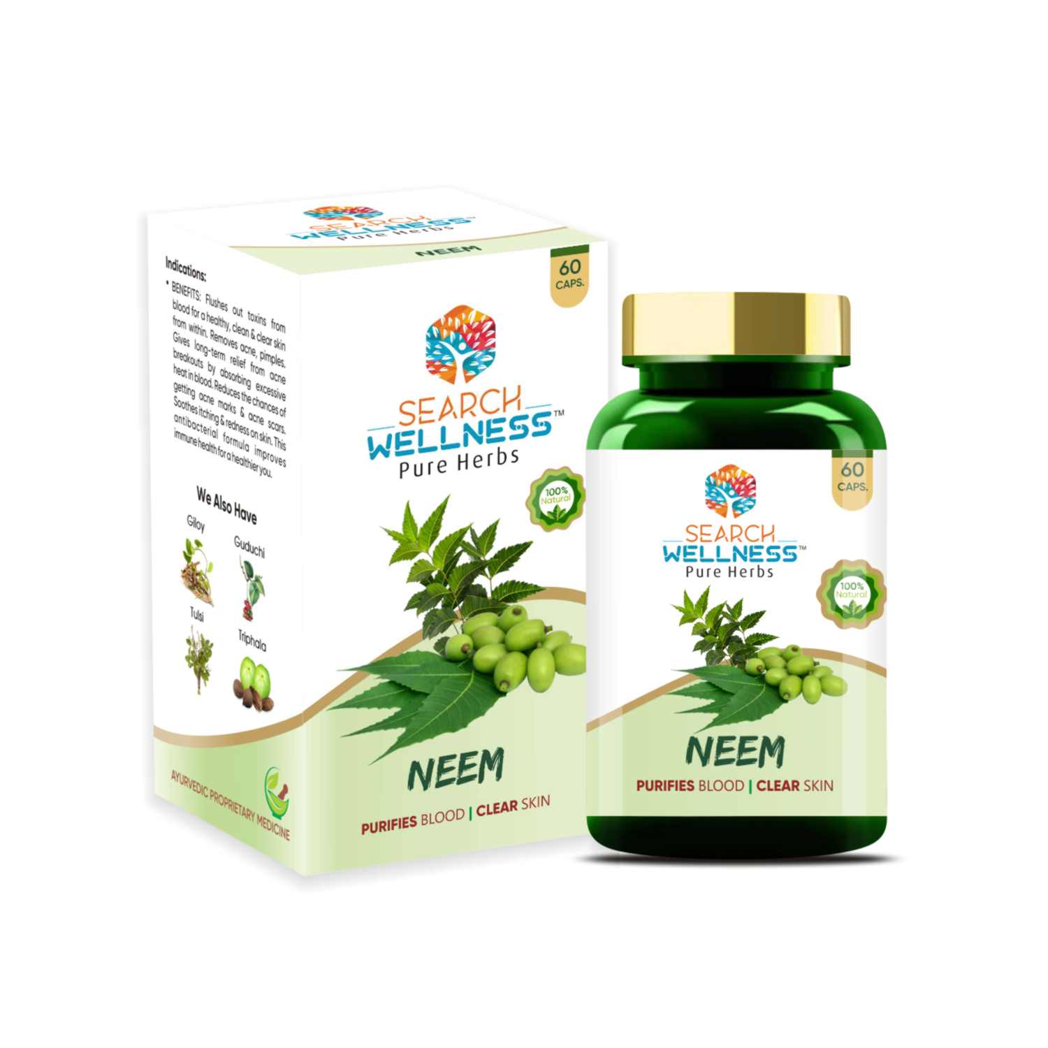 Neem - Purifies Blood, Clear Skin & Prevents Acne | High Absorption,Detoxification & Pimple Care Supplement - 60 Capsules